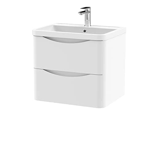 Image of nuie LUN102 Lunar Modern Bathroom Wall Hung 2 Drawer Vanity Basin Unit & Polymarble Basin, 600mm, Satin White