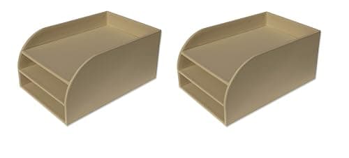 Image of OSCO Light Taupe Faux Leather Three Tier Letter Tray 2 Pack, A4 Desk File Organiser, Paper Storage, Office Document Sorter, Desktop Storage, Home Office H17.5 x W25 x D37.5 cm