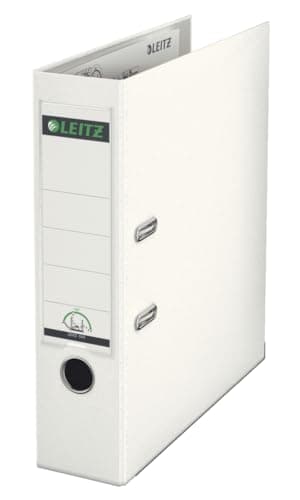 Image of Leitz Plastic Lever Arch File, 90 Percent Recycled Card, 30 Percent Pre-consumer Recycled Plastic, With Thumbhole and Rado Rings, 80mm Spine 600 Sheet Capacity, White, 10101001