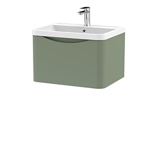 Image of nuie Modern Bathroom Wall Hung 1 Drawer Vanity Unit & Polymarble Basin, 600mm, Satin Green