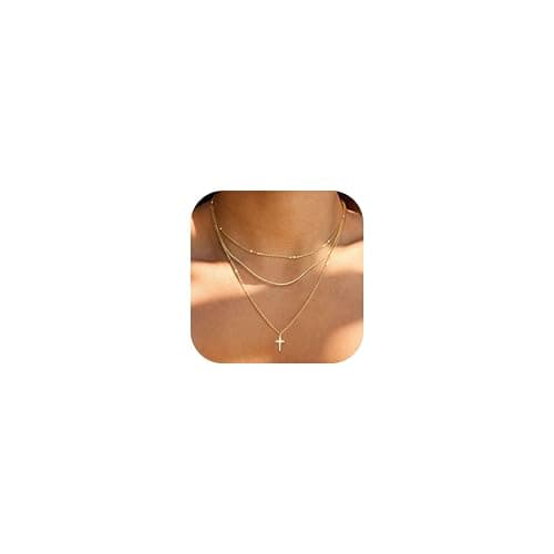 Image of Chriscoco 3Pcs Gold Necklace for Women 14K Gold Plated Layered Necklaces Set Adjustable Beaded Choker Snake Circle Heart CZ Cross Pendant Necklace Silver Chain - with Jewellery Box