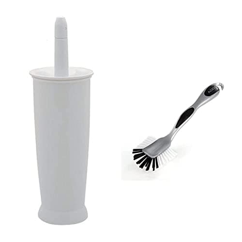Image of Addis Closed Toilet Brush Set, Plastic, White, 12.5 x 12.5 x 39 cm, 510284 & 501120 Ultra Grip Jumbo Dish Brush Dark Grey