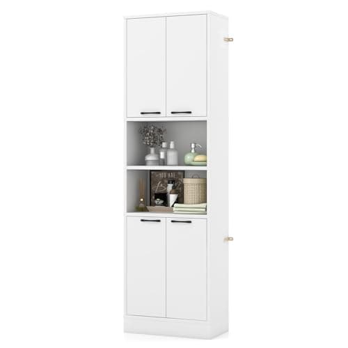 Image of TANGZON 190CM Tall Kitchen Cupboard, 4-Door Storage Cabinet with Enclosed Cabinets, Open Compartments & Anti-tipping Kits, Freestanding Wooden Tall Sideboard for Pantry Dining Living Room (White)