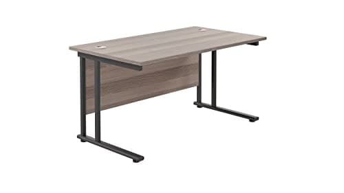 Image of Office Hippo Heavy Duty Rectangular Cantilever Office Desk, Home Office Desk, Office Table, Integrated Cable Ports, PC Desk For Office or Home, 5 Yr Wty - Black Frame/Grey Oak Top, 120cm x 80cm