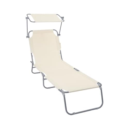 Image of VOUNOT® Folding Sun Lounger with Adjustable Backrest & Sunshade, 4-Position Reclining Sun Bed, Portable Outdoor Garden Chair, Max Load 120kg, Beige