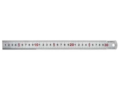 Image of Faithfull Measuring Rule 300mm (12 Inch) – Matt Silver Stainless Steel Ruler with Clear Metric Graduations & Hanging Hole