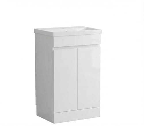 Image of Waterproof PVC 500mm Handleless Vanity Unit with Basin, White Gloss, Soft-Close, Ceramic Basin