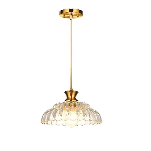 Image of NICRX Vintage Glass Pendant Light,Adjustable Hanging Ceiling Lamp with Amber Petal Glass Shade,Brushed Gold Finish,E27 Base Ceiling Light for Dining Room,Kitchen Island,Entryway,Hallway (30cm)