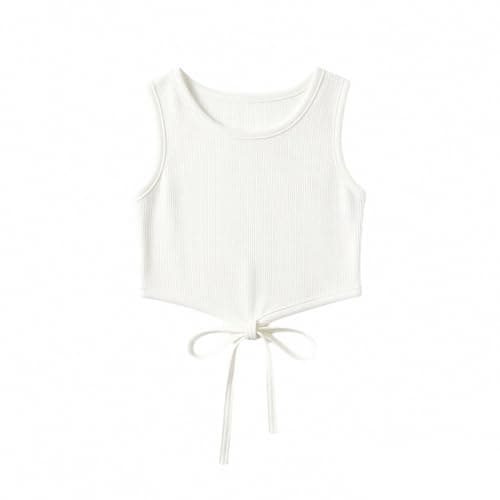Image of Teen Girls Soft Cotton Sports Vest Tank Tops Youth Kids Cute Summer Athletic Sleeveless Tie Front Shirts Slim Fit Workout Crop Tops for Running Yoga Dance (White, 7-8 Years)