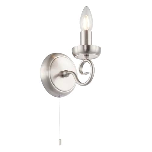 Image of Happy Homewares Traditional and Vintage Satin Nickel Wall Light Fitting with Scroll Arm and Pull Switch | 17cm x 14cm x 12cm