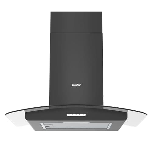 Image of COMFEE' Canopy Cooker Hood 60cm GLAV17B-60 Curved Glass Chimney Hood with LED Light, 600mm Kitchen Extractor Fan Kitchen- Black