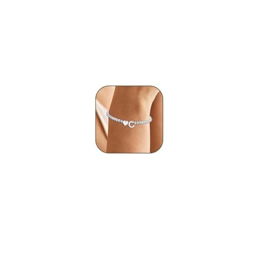 Image of KLIFOWDY S925 Initial Heart Silver Bracelet for Women Heart Letter A-Z Charm Bead Bracelets for Women Adjustable Bead Bracelets Birthday Gifts for Jewelry (C)