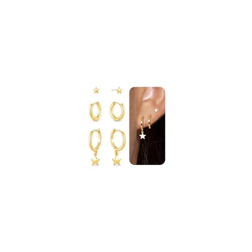 Image of KINHOPI Gold Hoop Earrings for Women Star Huggie 14K Gold Plated Hoops Earrings Set for Multiple Piercings Hypoallergenic Jewellery Gifts 3 Pair
