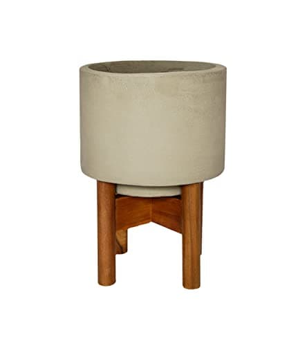 Image of Ivyline Vigo Round Grey Concrete Planter with Wooden Stand - Stylish & Waterproof - Durable Contemporary Decorative Indoor Flower Pot - H37cm x D28cm