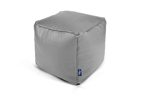 Image of Littens Grey Soft Faux Leather Square Cube Footstool Ottoman Pouffe Bean Bag, Living Room Decorative Seat, Piped Detailing (41cm x 41cm x 41cm)