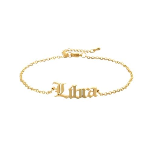 Image of OAKKY Unisex Stainless Steel Dainty Elegant 12 Constellations Zodiac Sign Amulet Lucky Bracelet in English Letter Adjustable Chain Gold Libra