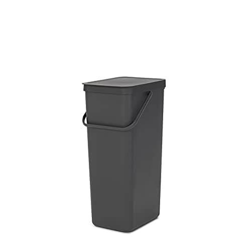Image of Brabantia Sort & Go Recycle Bin 40L (Grey), Space-Efficient Plastic Recycle Container with Handle, Removable and Stay-Open Lid, Easy to Clean Kitchen Bin without Nooks and Rims