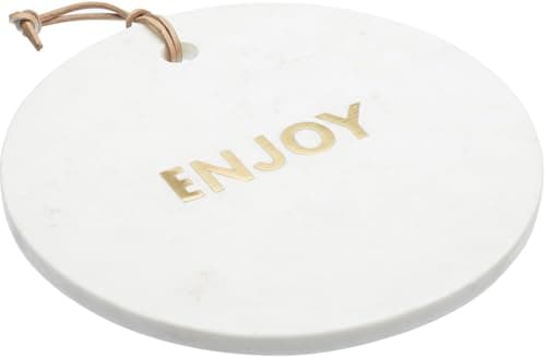 Image of Artesà Round Marble Cheese Board / Serving Platter with Decorative 'ENJOY' Lettering, 25.5 cm (10 Inch) - White