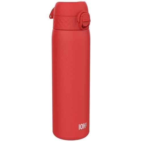 Image of Ion8 Lightweight Steel Water Bottle, 600 ml/20 oz, Non-Insulated, Leak Proof, Easy to Open, Secure Lock, Dishwasher Safe, Flip Cover, Fits Cup Holders, Carry Handle, Metal Water Bottle, Red