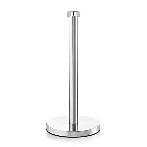 Image of Kitchen Roll Holder Pole | Heavy Duty Kitchen Towel Stand, Worktop Paper Holder Brushed Stainless Steel | Free Standing Stick Paper Stand with Weighted Base