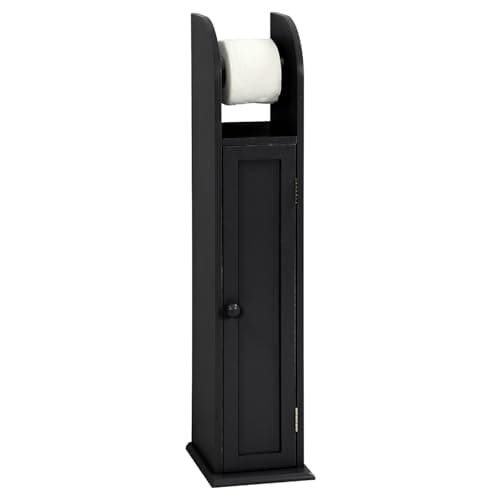 Image of Taylor & Brown Free Standing Tall Wooden Toilet Paper Roll Holder Bathroom Cabinet Tissue Storage Cupboard Stand with Shelf, Black W18cm x D20cm x H79cm
