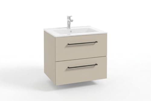 Image of TRANS - PAL 600mm Wall Hung Bathroom Vanity Unit with Ceramic Basin, 2 Drawers, Cashmere Matte Finish