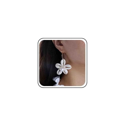 Image of Boho Cute Cowrie Shell Earrings Gold Summer Beach Pearl Seashell Earrings Hook Large Flower Dangle Simple Long Tassel Drop Ocean Tropical Vacation Trendy Minimalist Statement Jewelry for Women