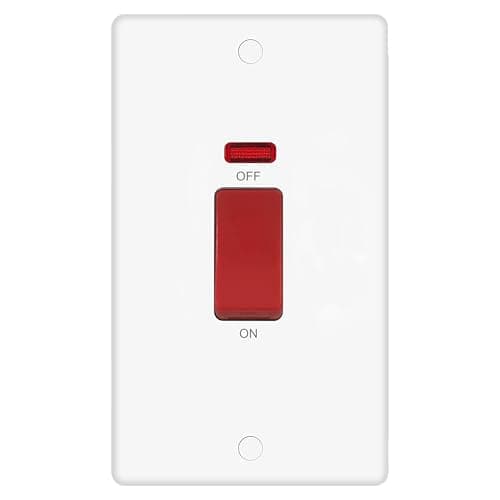 Image of EVOGES Vector 45A Double Pole Switch with Neon – White Gloss Double Plate, Red Rocker Cooker/Shower/High-Load Appliance Isolator, Includes Fixing Screws & Screw Caps, UK Standard Wall Mount