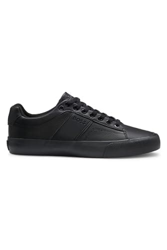 Image of BOSS Mens Aiden Tenn Faux-Leather Trainers with Grained and Plain Textures Size 5 Black
