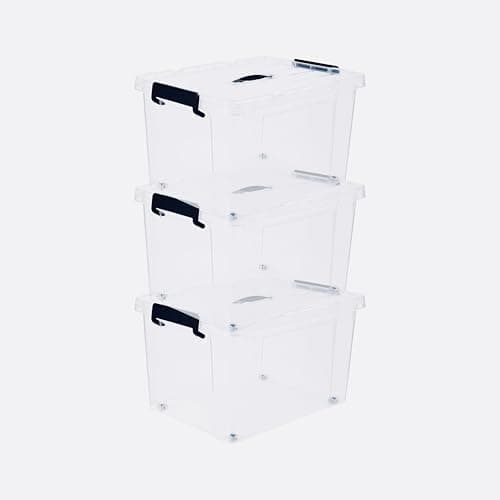 Image of BARGAIN FACTORY 3 x Clear Plastic Storage Container Large Boxes With Lids, Closing Clips and Wheels 43L Integrated Handles Stackable BPA Free Box For Bedroom Office Living Room Kitchen