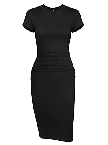 Image of Missufeintl Women's Casual Ruched Bodycon Short Sleeve Midi Fitted T Shirt Dress - Black - Small