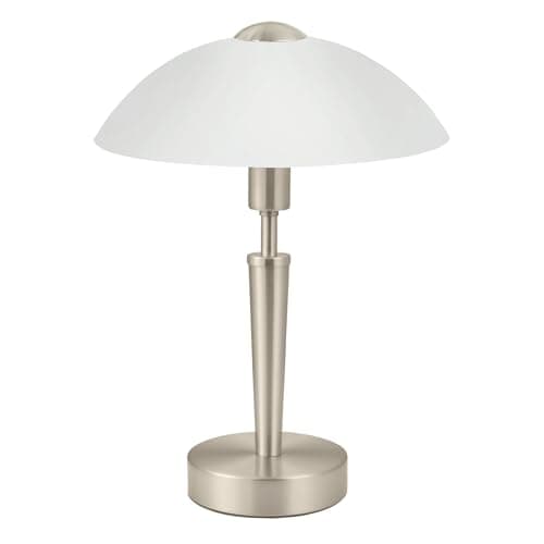 Image of Eglo Solo 1 Table Light, Matt Nickel Steel and White Glass Bedside Lamp, E14 Socket, incl. Touch Dimmer Switch