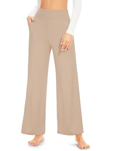 Image of ACTINPUT Yoga Pants for Women Wide Leg Trousers with Pockets Ladies High Waisted Stretch Work Gym Joggers Casual Loose Lounge Pants(Beige,M)