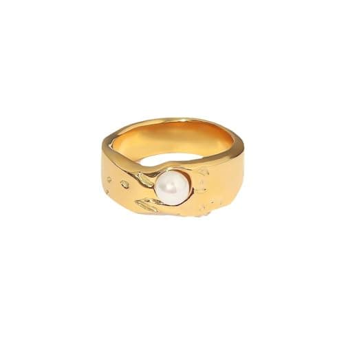 Image of IMINI Irregular Pearl Statement Ring for Women Girls Stainless Steel Goldtone Minimalist Wedding Finger Rings Personalized Trendy Band Jewelry Gifts Birthday (US6=L 1/2)