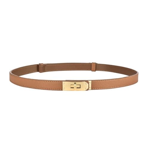 Image of FENLDY Adjustable Thin Belts For Womens Skinny Belts For Dresses Womens Solid Color Alloy Turn Lock Belts For Jeans, Caramel Color With Gold Buckle, One size