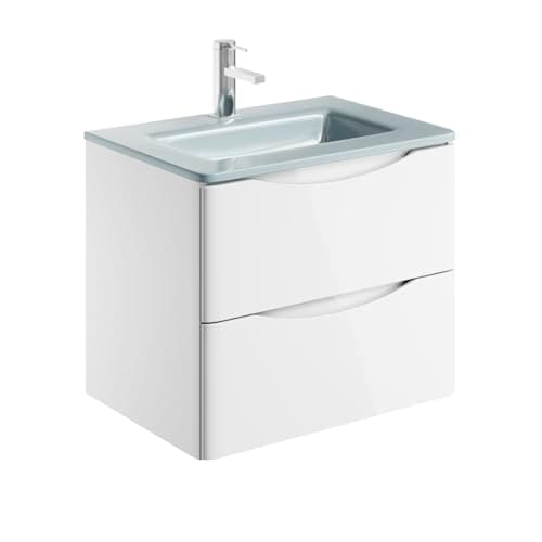 Image of Go Bathrooms Eaton 600mm Wall Hung White Vanity Unit Includes White Glass Basin Gloss Finish Bathroom Furniture Storage Sink Unit