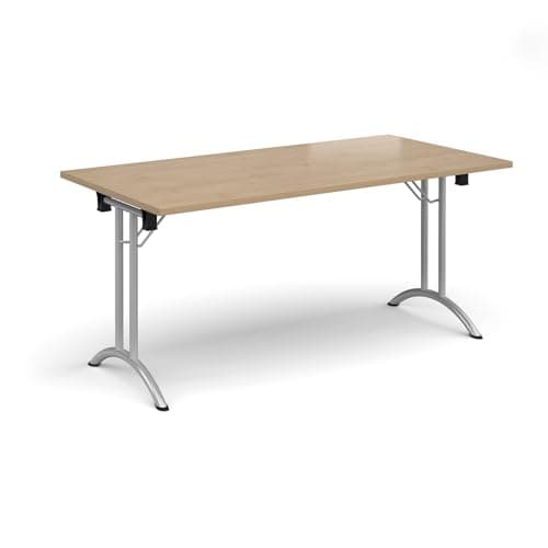 Image of Mr Office Rectangular folding leg table with silver legs and curved foot rails, 1600, Kendal Oak