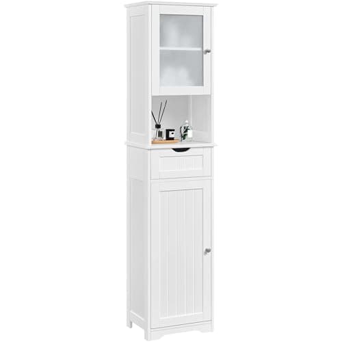 Image of Yaheetech Tall Bathroom Storage Cabinet, Wooden Floor Cabinet with Glass Door, 1 Drawer and Open Shelf, Freestanding Storage Organizer with Adjustable Shelf for Kitchen, Living Room, Hallway