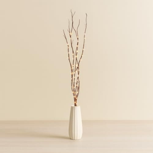 Image of 4ft. Christmas Pre-Lit Twig Decoration Indoor Vase Decorative Festive Tree Branch - 80 Warm White LED Lights - Perfect for Christmas, Winter, or General Home and Wedding Lighting (Dark Brown)