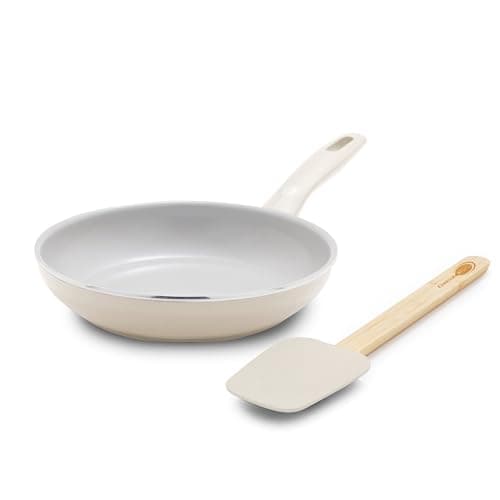 Image of Greenpan Dover Healthy Ceramic Nonstick, 8" Frying Pan Skillet with Spatula, PFAS-Free, Dishwasher Safe, Comfort Grip Handle, Cream White