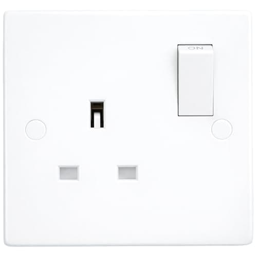 Image of 1 Gang Switched Socket 13A - Double Pole Square Edge Plug Socket, BS 1363 Tested, Dual Earth Terminals, Easy Install, White