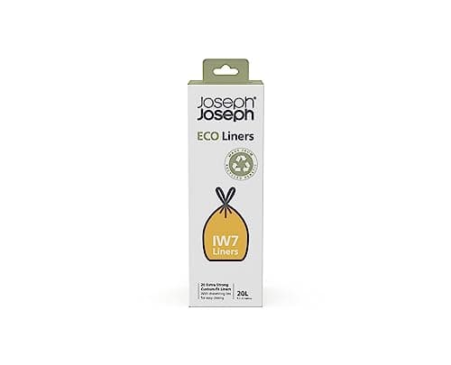 Image of Joseph Joseph Eco Liners IW7 Eco Recycled plastic Bin Liners, Kitchen Waste Bags With Tie Tape Drawstring Handles, Extra Strong – Pack of 20, Holds 20 Litres, Grey