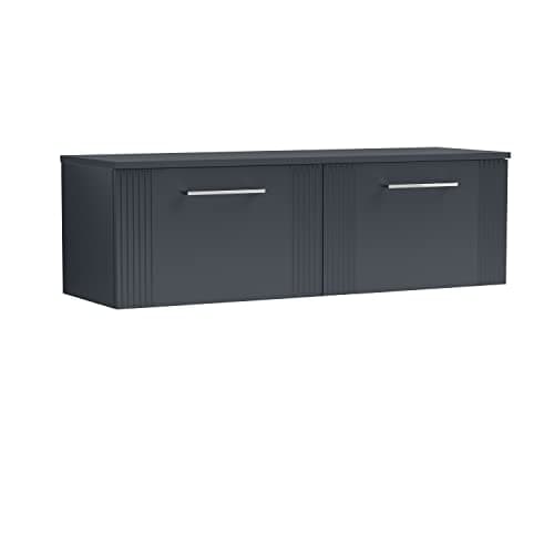 Image of nuie DPF1494W2 Deco Modern Bathroom Wall Hung 2 Drawer Part Fluted Vanity Basin Unit with Double Worktop, 1200mm, Soft Black