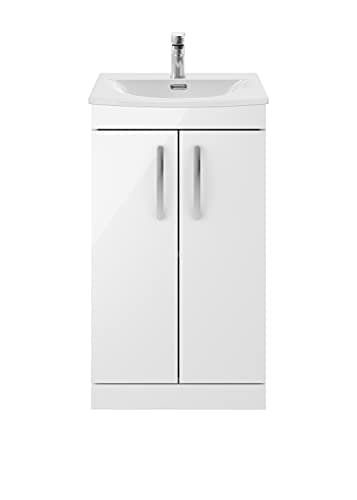 Image of nuie ATH006G Athena Modern Bathroom Floor Standing 2 Soft Close Doors Vanity Unit with Curved Ceramic Basin with 30mm Profile, 500mm, Gloss White