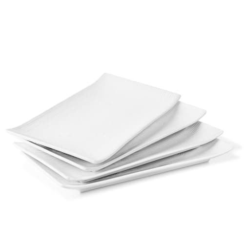 Image of Flexzion White Serving Platters - 4 Pack Rectangular Serving Plate - 10 Inch Long Rectangle Ceramic Serving Platter Set for Appetizer, Meat, Bread, Dessert - Microwave, Oven, and Dishwasher Safe