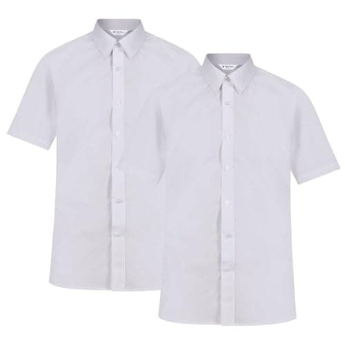 Image of Trutex Boys White Short Sleeve School Shirts, 2 Pack, Slim Fit – Non Iron Cotton-Rich Button Down Uniform Shirts (16-18 Years)