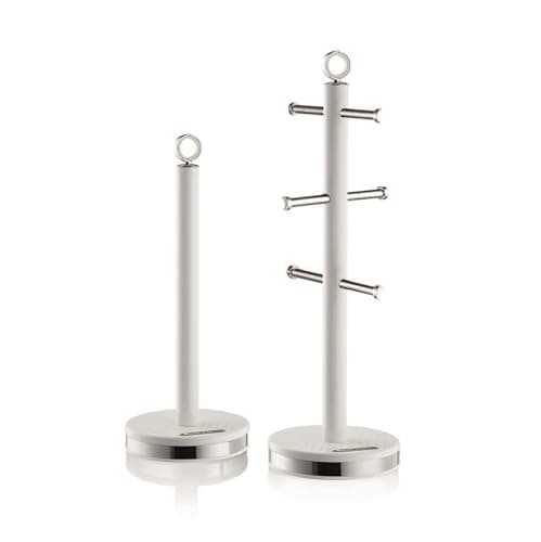 Image of Swan Elegance Kitchen Towel Pole and 6 Cup Mug Tree Set with Textured Gloss Finish, Stainless Steel Accents and Non-Slip Bases, White