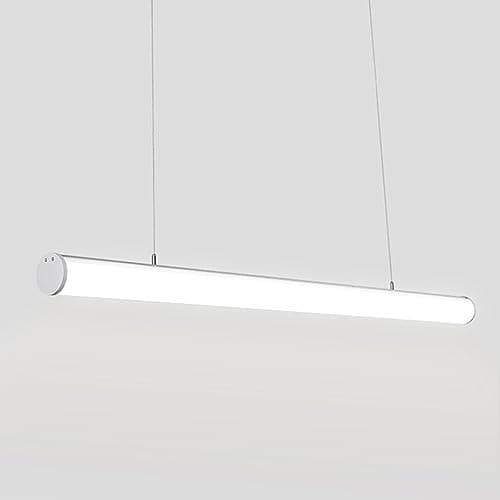 Image of ISCBAFYX Linear Flute Pendant Light 48W LED Chandelier with Round White Shade Minimalist Hanging Fixture for Conference Room Aluminum Long Suspension Lamp