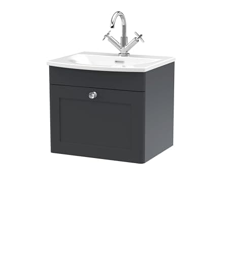 Image of nuie CLC1491J Classique Traditional Bathroom Wall Hung 1 Close Drawer Vanity Unit and Curved Basin, 500mm, Soft Black