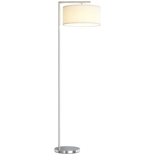 Image of HOMCOM Floor Lamp, Modern Standing Lamp with Linen Lampshade, Round Base for Living Room, Bedroom, Dining Room, 153cm, Silver Tone